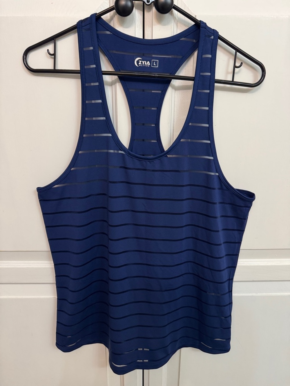 ZYIA Navy Sheer-Striped Racerback Tank. Preppy athletic. Breathable size L